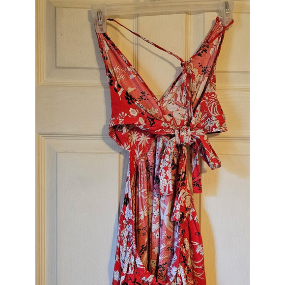 Aakaa Anthropologie Sz Large Rayon Cherry Red Floral Halter Tank Slip Sun Dress - Picture 5 of 13